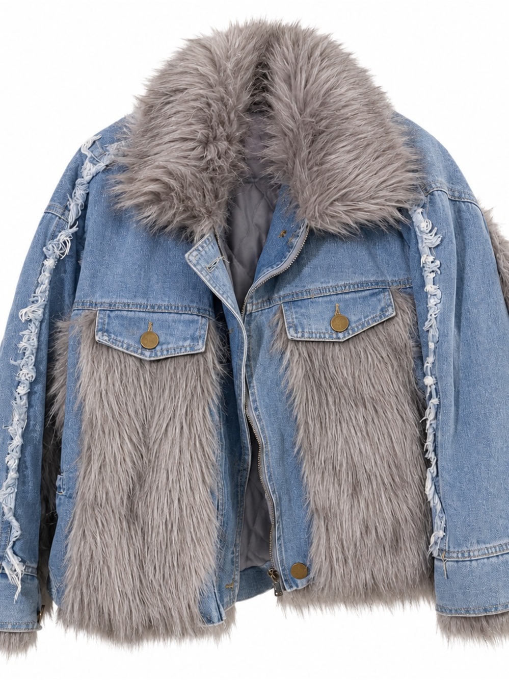 Fashion Nova Light Blue Denim Jacket with Grey Faux Fur Accents